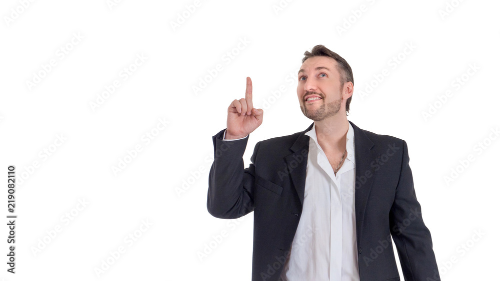 business man looking at camera and pointing finger up. image isolated over white background. people, male, business and portrait concept. business man looking at camera and pointing finger up. image isolated over white background. people, male, business and portrait concept.