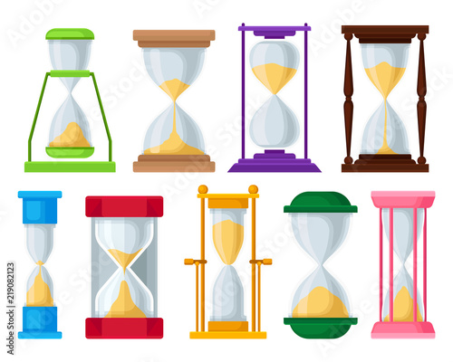Sand hourglass set, sandglass devices for measuring time vector Illustrations on a white background