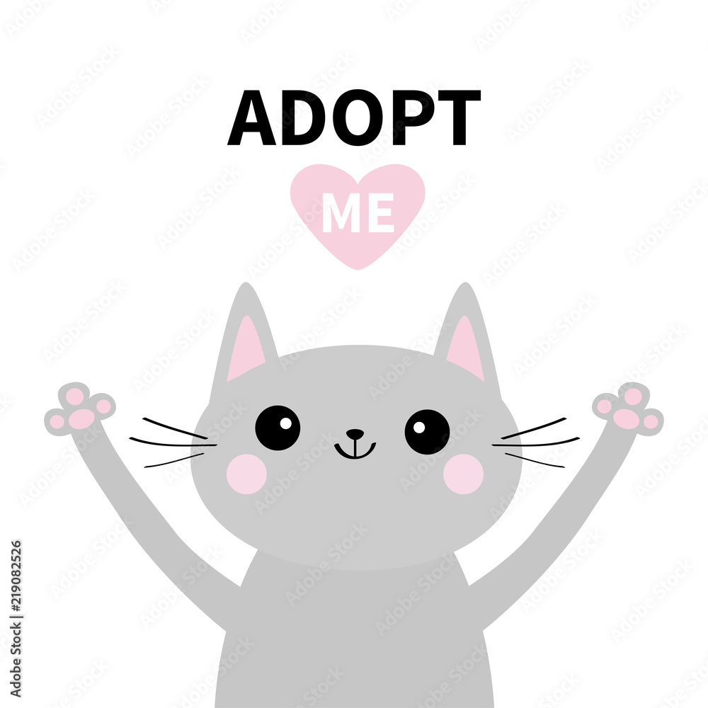 Adopt me. Dont buy. Gray cat silhouette. Hand hug. Pink heart. Pet adoption. Kawaii animal. Cute cartoon kitty character. Funny baby kitten. Help homeless animal Flat design. White background Adopt me. Dont buy. Gray cat silhouette. Hand hug. Pink heart. Pet adoption. Kawaii animal. Cute cartoon kitty character. Funny baby kitten. Help homeless animal Flat design. White background