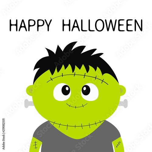 Happy Halloween. Frankenstein monster. Cute cartoon funny spooky baby character. Green head face. Greeting card. Flat design. White background. Isolated.