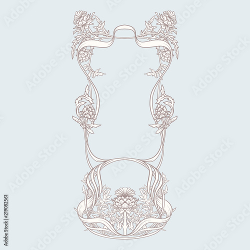 Fototapeta Naklejka Na Ścianę i Meble -  Frame in art nouveau style with thistle. In vintage blue color.
