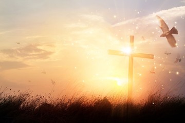 Silhouette christian cross on grass in sunrise background