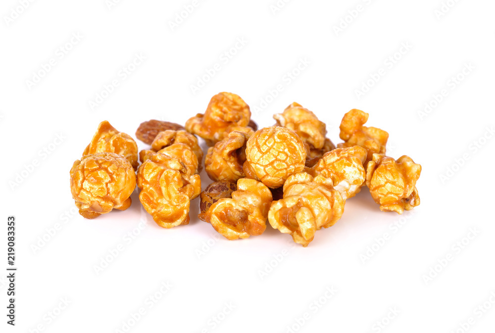 sweet butter caramel popcorn with almond on white background sweet butter caramel popcorn with almond on white background
