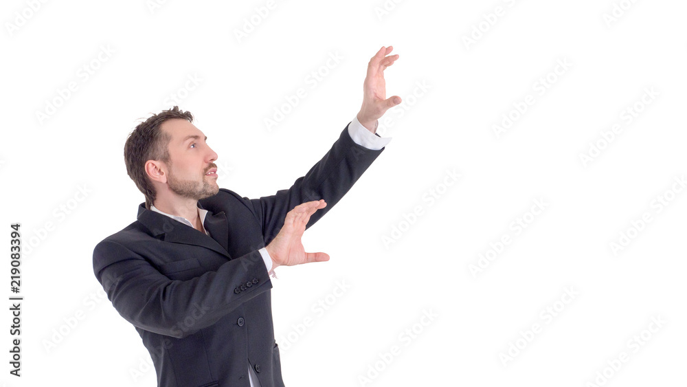 Businessman touching on a virtual whiteboard. Isolated on white Businessman touching on a virtual whiteboard. Isolated on white