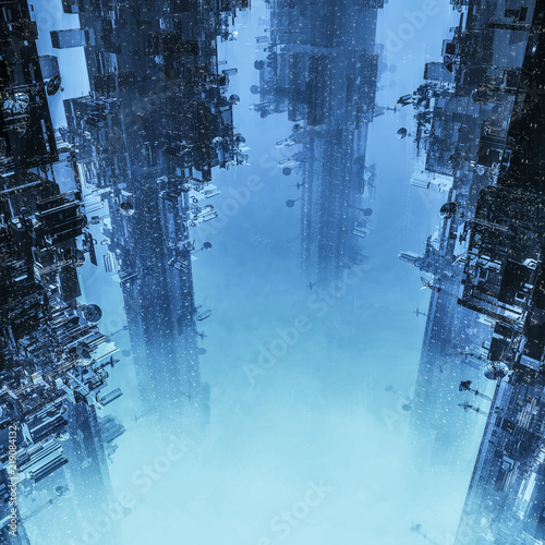 Space colony towers / 3D illustration of dark futuristic city shrouded in clouds photo