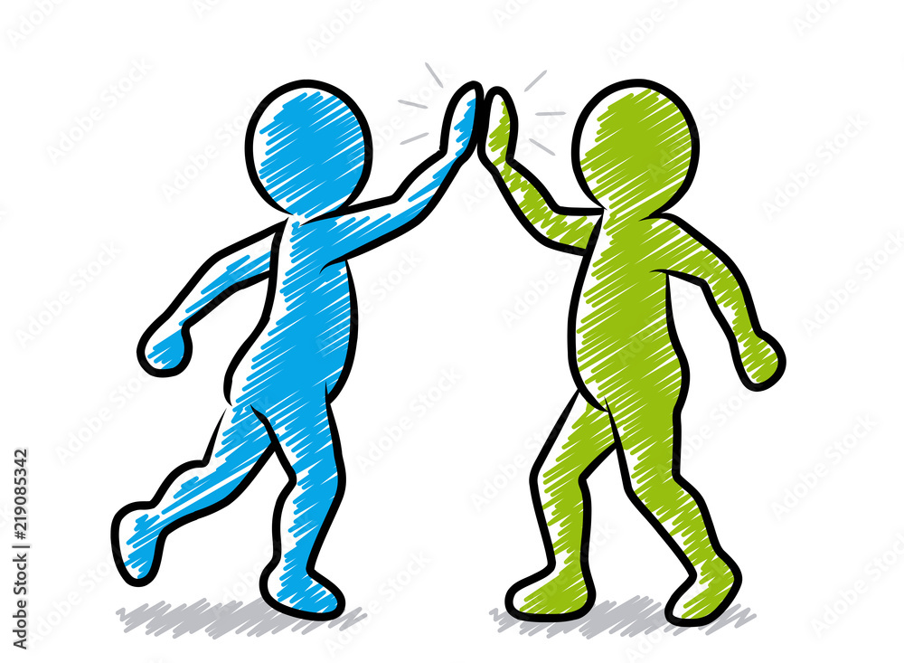 Zwei Strichmännchen beim High-Five / blau, grün / Schraffierte Vektor-Zeichnung Zwei Strichmännchen beim High-Five / blau, grün / Schraffierte Vektor-Zeichnung