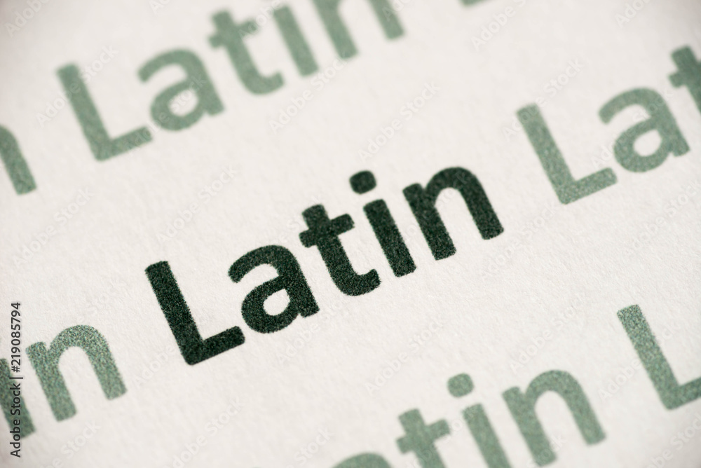 word Latin language printed on paper macro