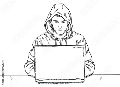 sketch style doodle of hacker sitting in front of his desk and hacking