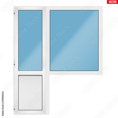 Metal plastic PVC PVC balcony window and door with opening casement. Indoor view. Presentation of models and frame installation. White color. Sample Vector Illustration isolated on white background.