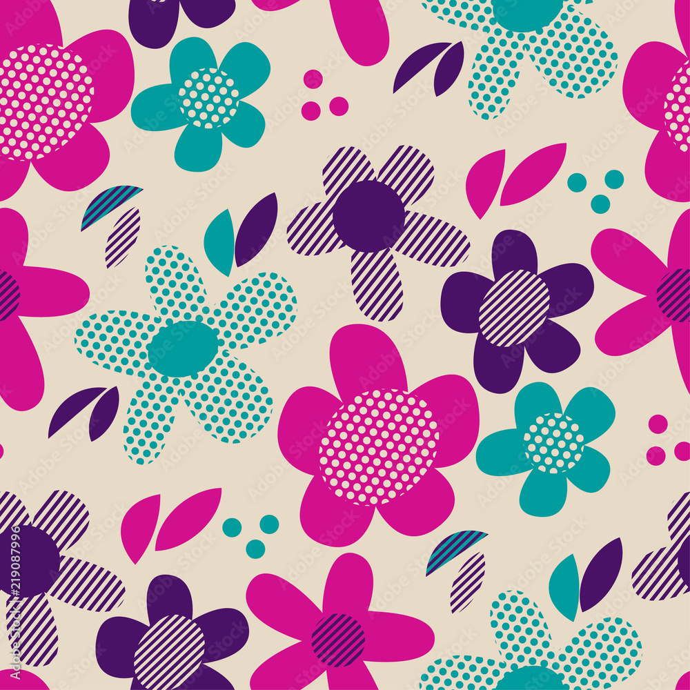 Colorful retro abstract flowers seamless pattern
