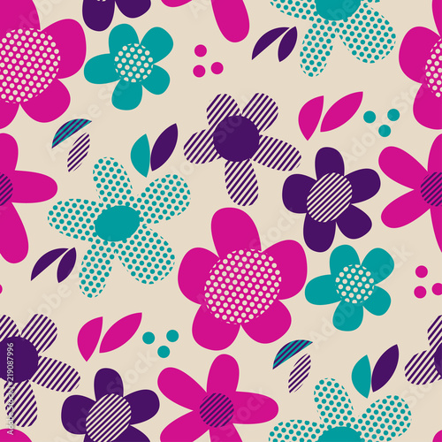 Colorful retro abstract flowers seamless pattern