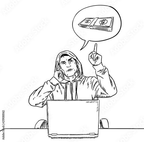 sketch style doodle of hacker talking on mobile phone and pointing at money bubble