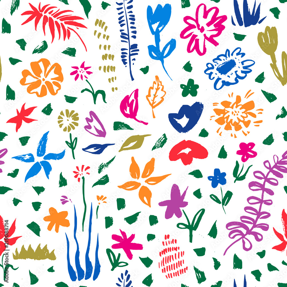 Vector seamless hand drawn brush stroke Summer Floral Pattern