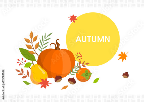 Autumn Thanksgiving seasonal fruit and colorful leaves