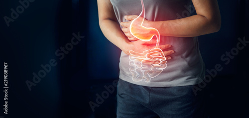 Woman touching stomach painful suffering from stomachache causes of menstruation period, gastric ulcer, appendicitis or gastrointestinal system desease. Healthcare and health insurance concept photo