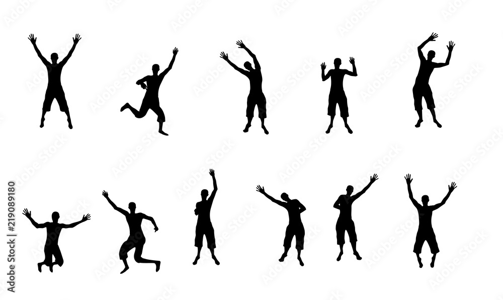 Black and white silhouettes of jumping happy and joyful people. Vector Illustration