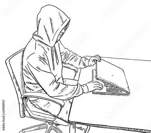 sketch style doodle of hacker opening laptop on his desk