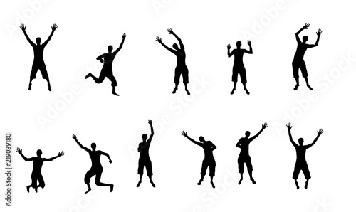 Black and white silhouettes of jumping happy and joyful people. Vector Illustration