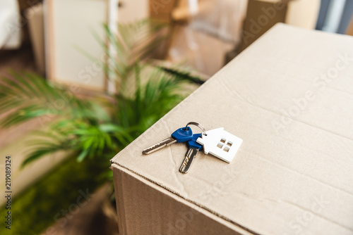 close-up view of keys from new house on cardboard box during relocation photo