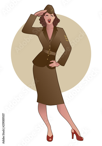 Army girl in retro style wearing soldiers uniform from the 40s or 50s doing military salute