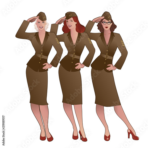 Fototapeta Trzy dziewczyny armii w stylu retro w mundurach żołnierskich z lat 40. lub 50. wykonujące salut wojskowy