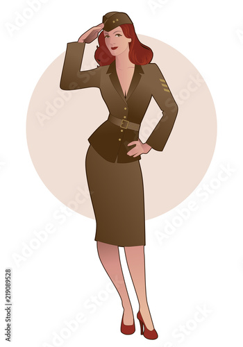 Army girl in retro style wearing soldiers uniform from the 40s or 50s doing military salute