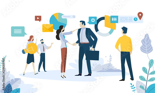 Vector illustration concept of social media, networking, online communication, seo, internet advertising, market research, data analysis, business strategy, consulting. 