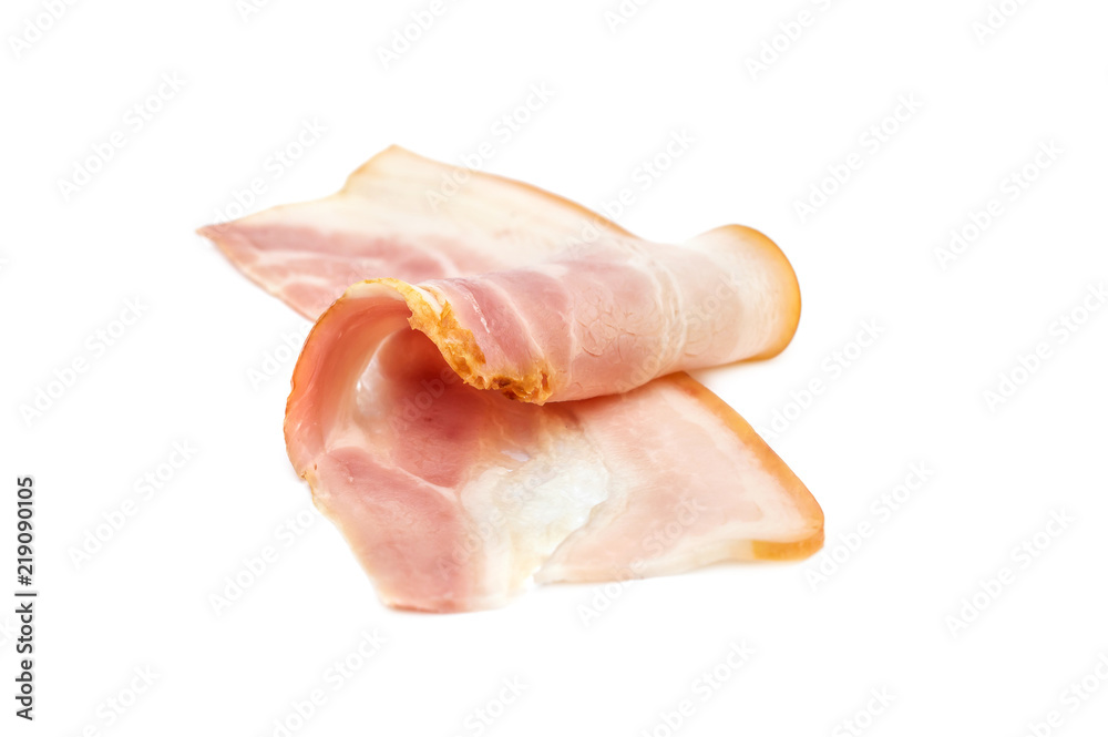 A piece of thin bacon on white background.