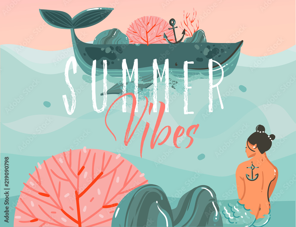 Hand drawn vector abstract cartoon summer time graphic illustrations art background with ocean beach landscape,big whale,sunset scene and beauty mermaid girl with Summer vibes typography quote Stock Vector | Adobe Stock Hand drawn vector abstract cartoon summer time graphic illustrations art background with ocean beach landscape,big whale,sunset scene and beauty mermaid girl with Summer vibes typography quote Stock Vector | Adobe Stock