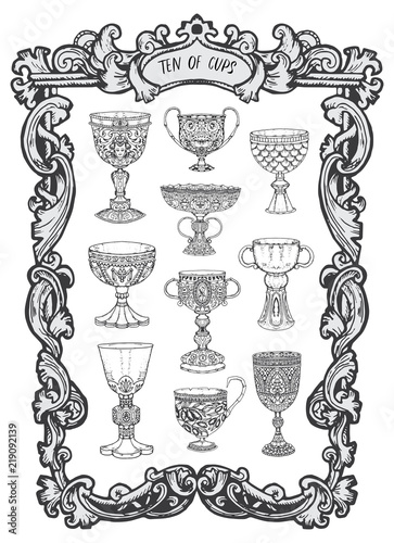 Ten of cups. Minor Arcana tarot card. The Magic Gate deck. Fantasy engraved vector illustration with occult mysterious symbols and esoteric concept