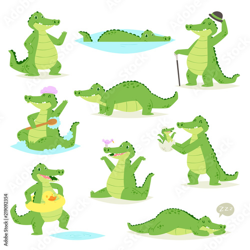 Crocodile vector crocodilian character of green alligator sleeping or playing illustration animalistic childish setof funny predator isolated on white background
