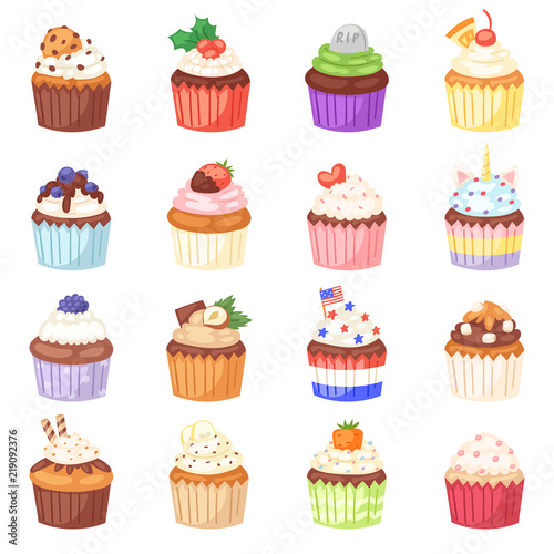 Cupcake vector muffin and sweet cake dessert with berries or caked candies illustration set of confectionery with cream and sweets in bakery for birthday party isolated on white background