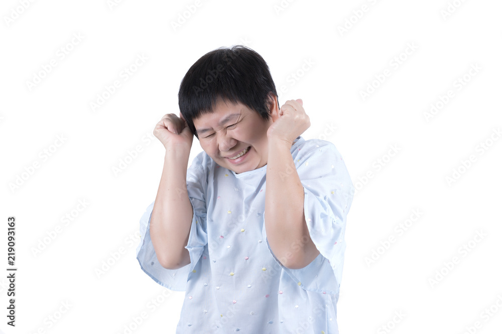 Asian Middle-aged woman lifting her fists expressing unhappy or dissatisfied isolated on white background Asian Middle-aged woman lifting her fists expressing unhappy or dissatisfied isolated on white background