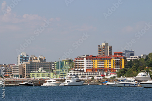 port with yachts and hotel buildings cityscape Nessebar Bulgaria