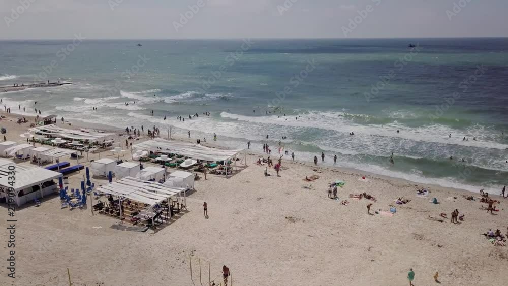 Iron port, Ukraine - June 30, 2018: Aerial view of a luxurious recreation area on the sand beach and the sea
