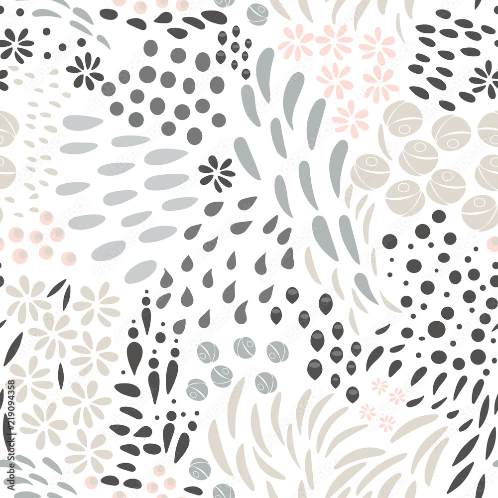 Vector organic seamless abstract background, botanical motif, freehand doodles pattern. - obrazy, fototapety, plakaty 