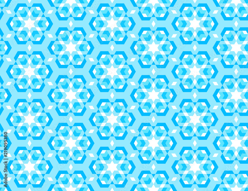 Abstract seamless winter pattern with snowflakes. Bright blue triangles texture. Vector