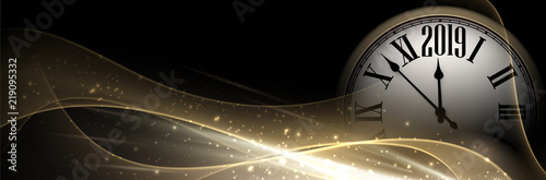 Shiny 2019 New Year blurred banner with clock.