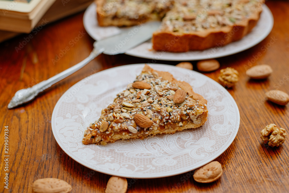 Victorian pie with nuts and seeds. Autumn mood. Victorian pie with nuts and seeds. Autumn mood.