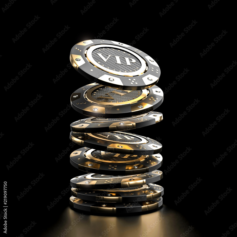 Obraz premium casino and poker chips, gold colored carbon fiber and diamonds, concept of luxury wealth and gambling. 3d render nobody around.