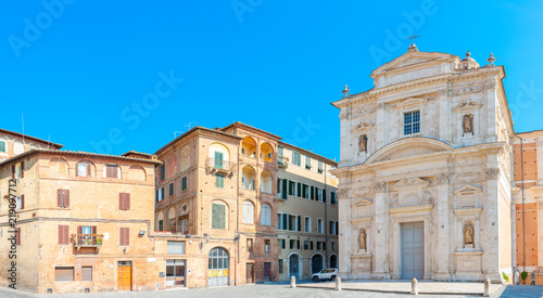 Panorama of the square with a beautiful cathedral in the medieval city of Siena, Tuscany. Italy