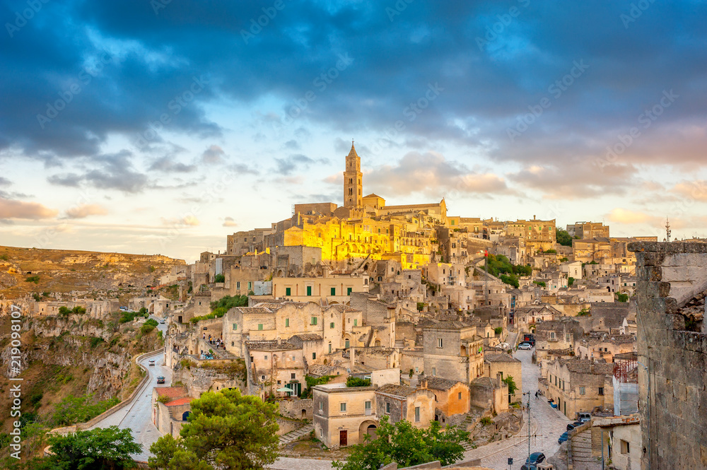 Panorama of the majestic medieval town of Matera during the beautiful sunset, Italy