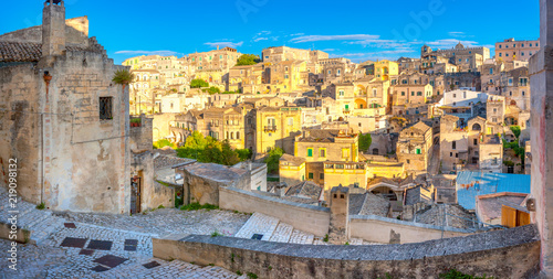 Panorama of a beautiful medieval city at sunset, Matera. Italy. Europe