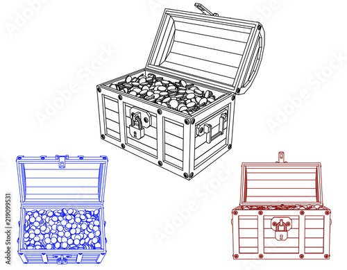 Opened wooden chest with coins. Vector outline illustration.