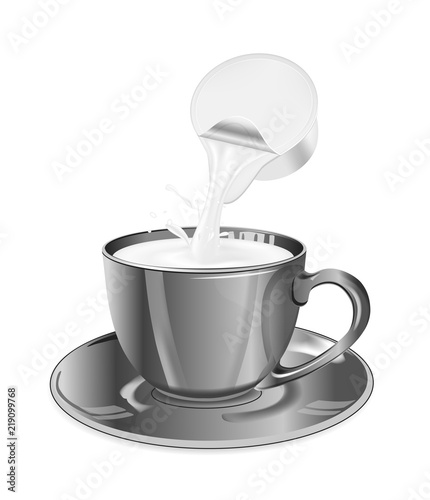 Single serve cup for dairy creamer. Black glass coffee cup and saucer