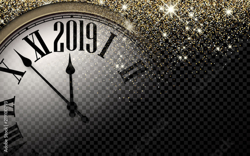 Gold shiny 2019 New Year background with clock.