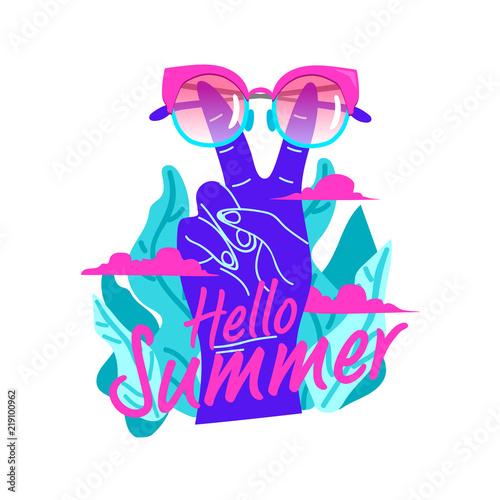 Hello summer with victory hand sign and glassed concept poster. Artistic modern design for greeting cards, invitations, posters, banners, t-shirt, vector illustration
