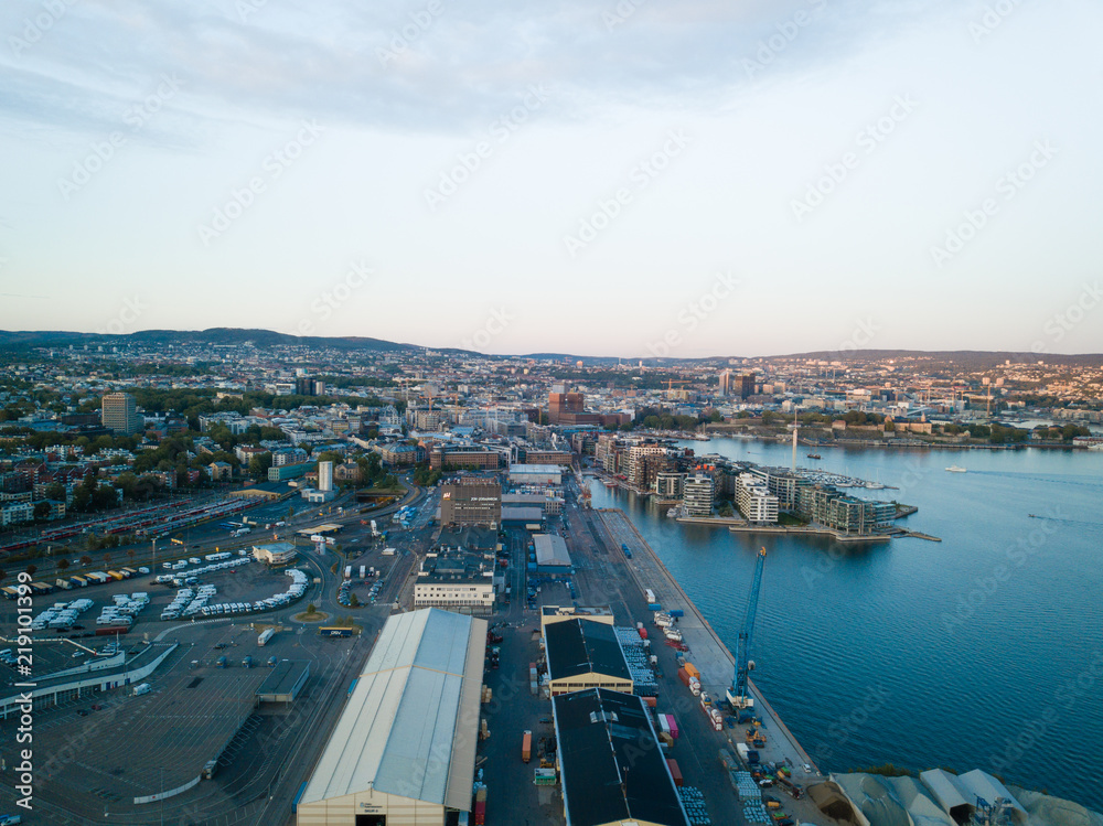 Evening aerial view on Aker Brygge and Filipstad in Oslo, Norway