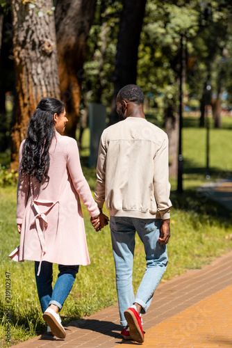 back view of african american couple holding hands and walking in park