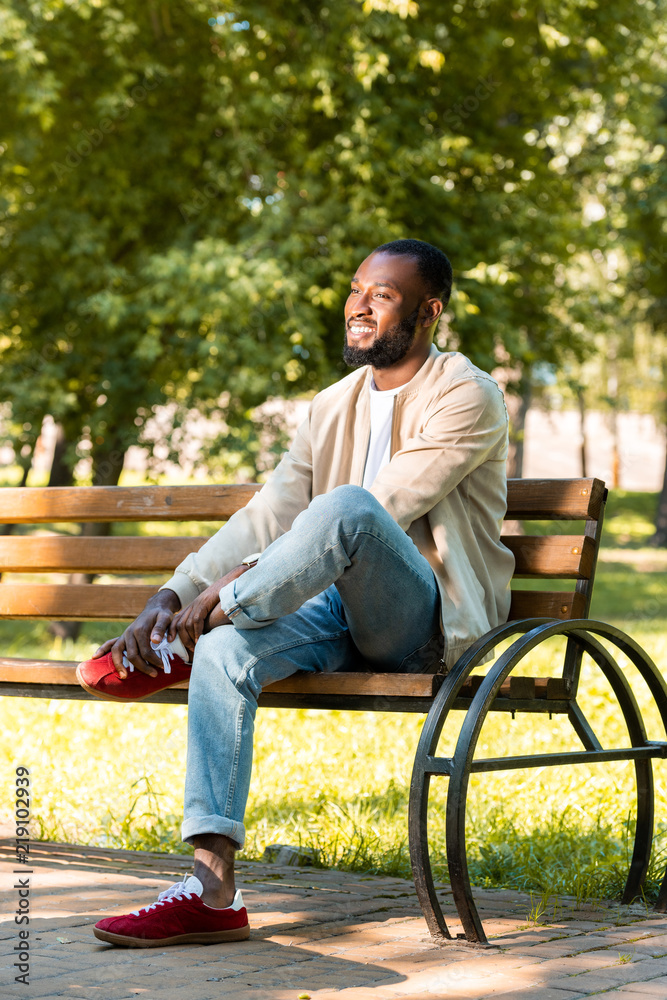handsome smiling african american man sitting on wooden bench in park and looking away handsome smiling african american man sitting on wooden bench in park and looking away